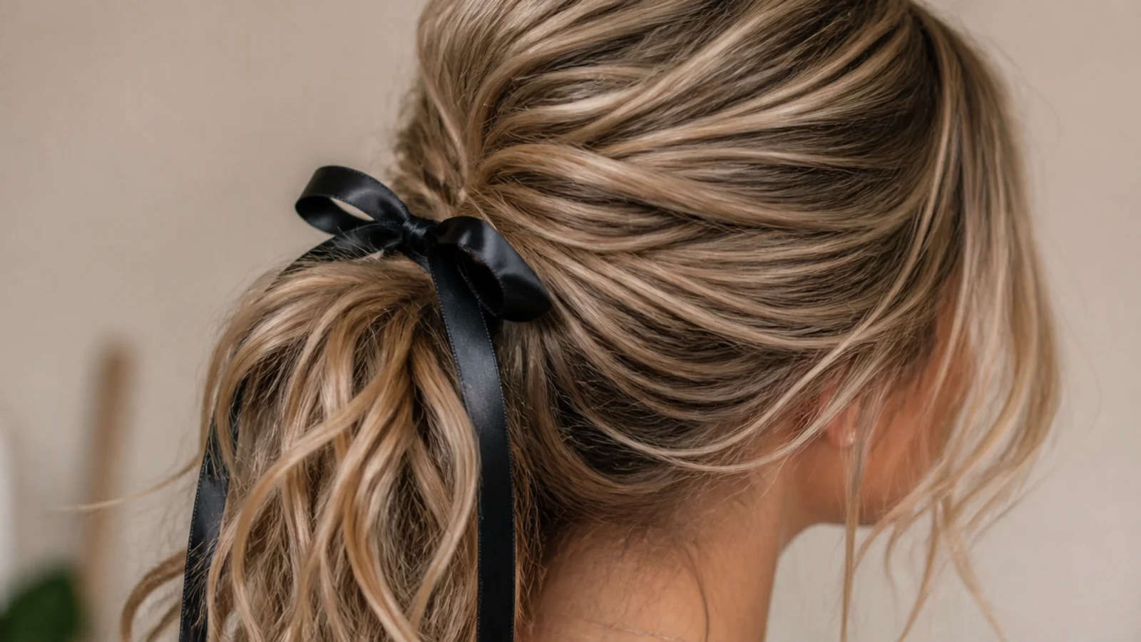 A ribbon knotted over the base of a ponytail with uneven trailing ends
