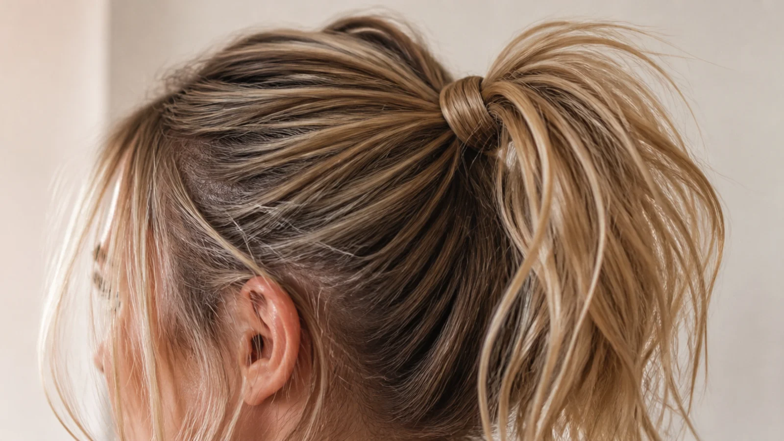 A firmly tied high ponytail with a wrapped base and a smooth crown
