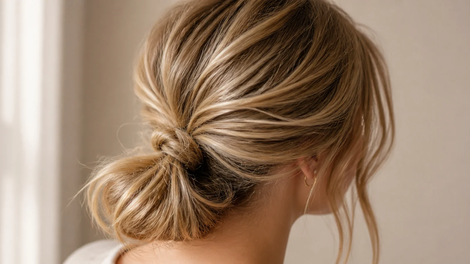 A ponytail folded under and pinned into a small looped knot at the nape