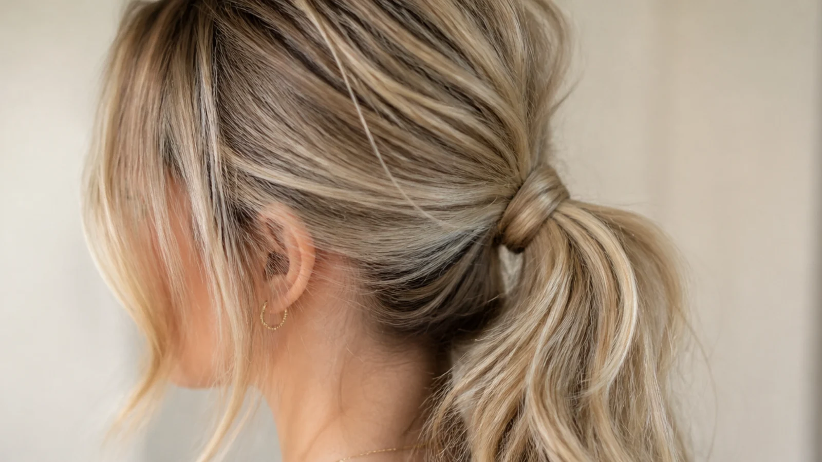 A quick second day ponytail with natural bends running through the tail