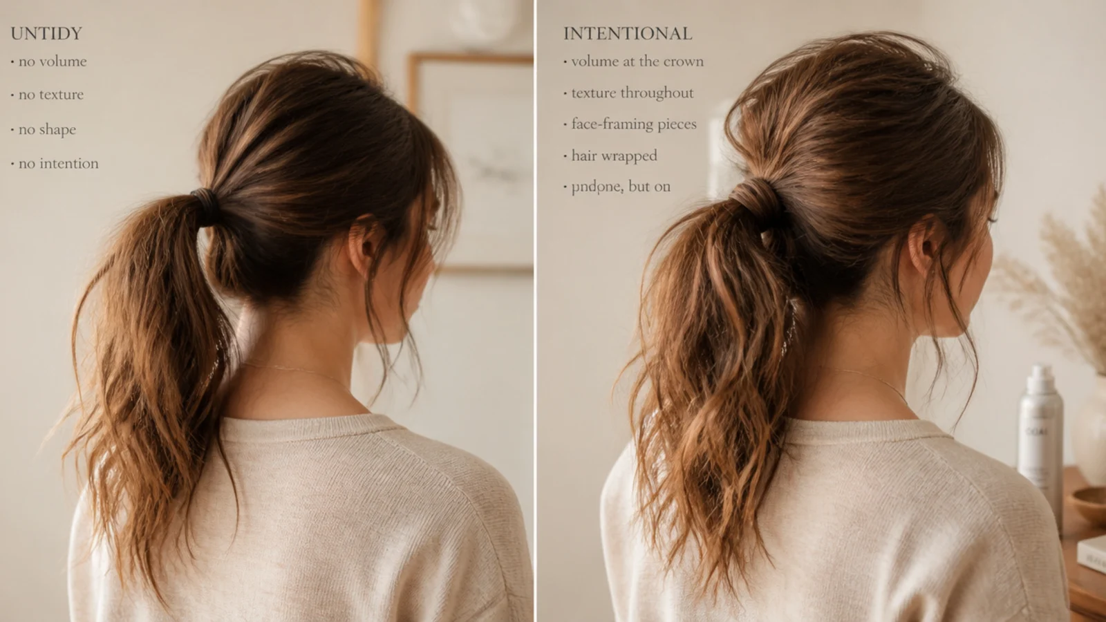 A ponytail with a wide textured crown above a cleanly secured base