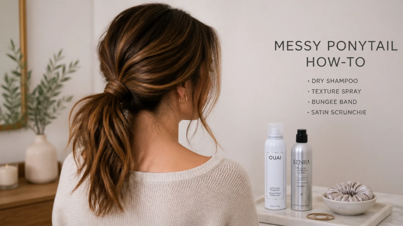 A dry shampoo, texture spray and fabric hair ties on a pale surface