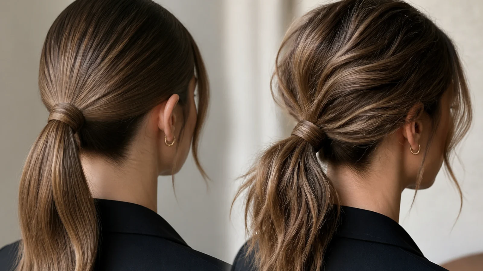A low polished ponytail worn with a collared shirt