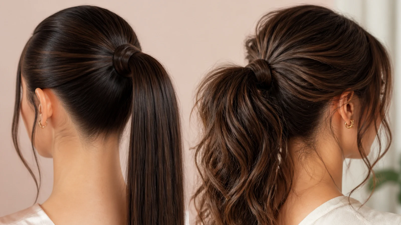 A smooth low ponytail worn with formal dress