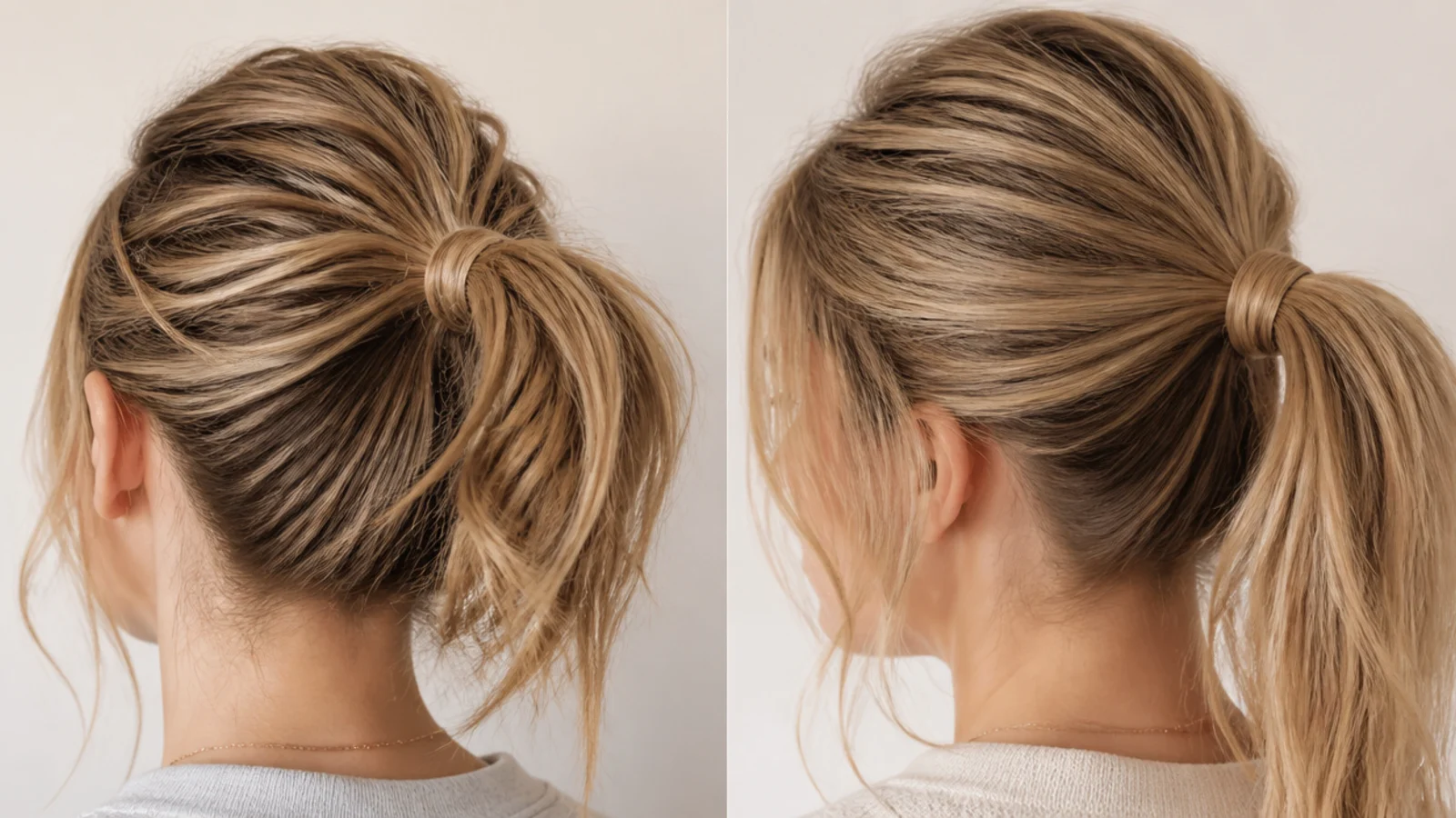 A textured ponytail on unwashed roots treated with dry shampoo