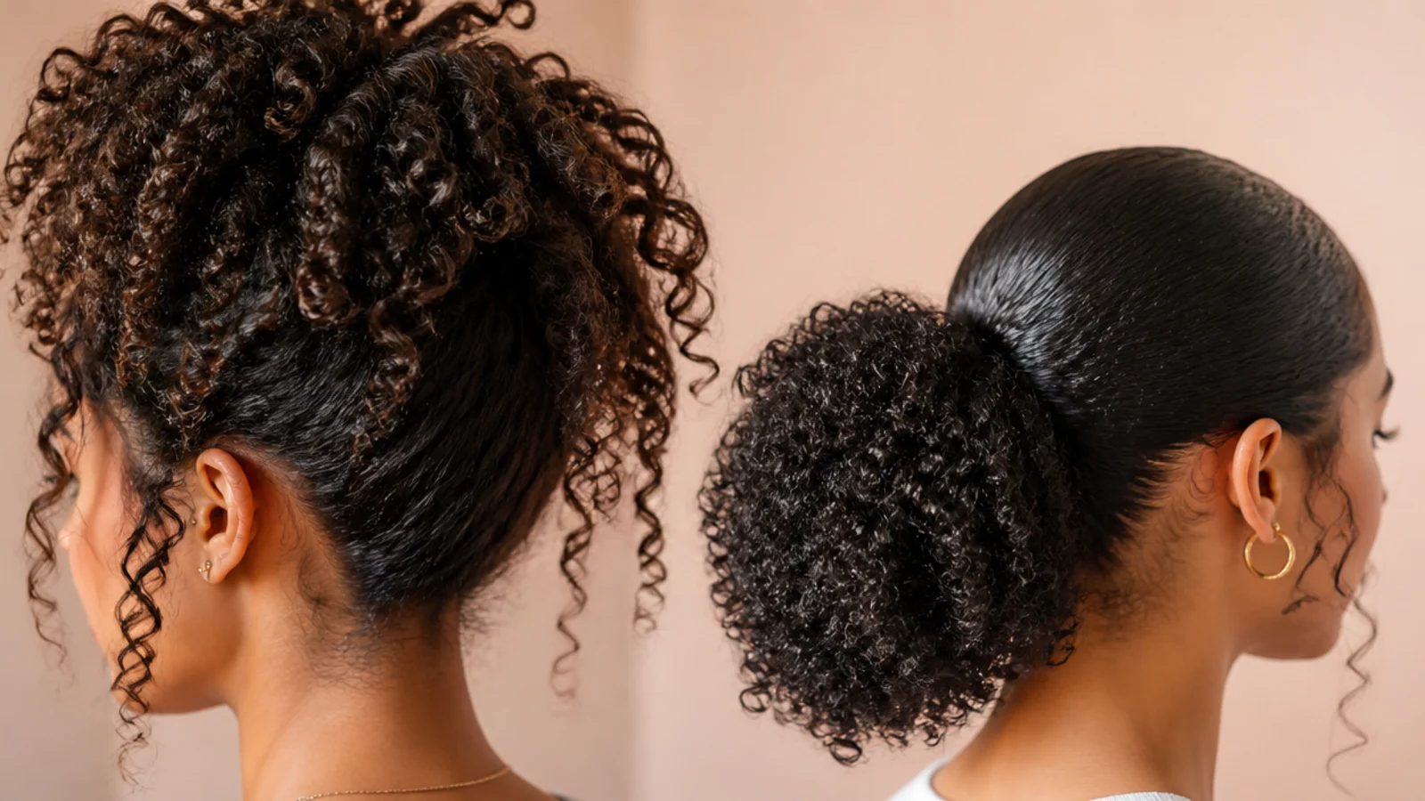 Curls gathered into a soft ponytail with the pattern intact