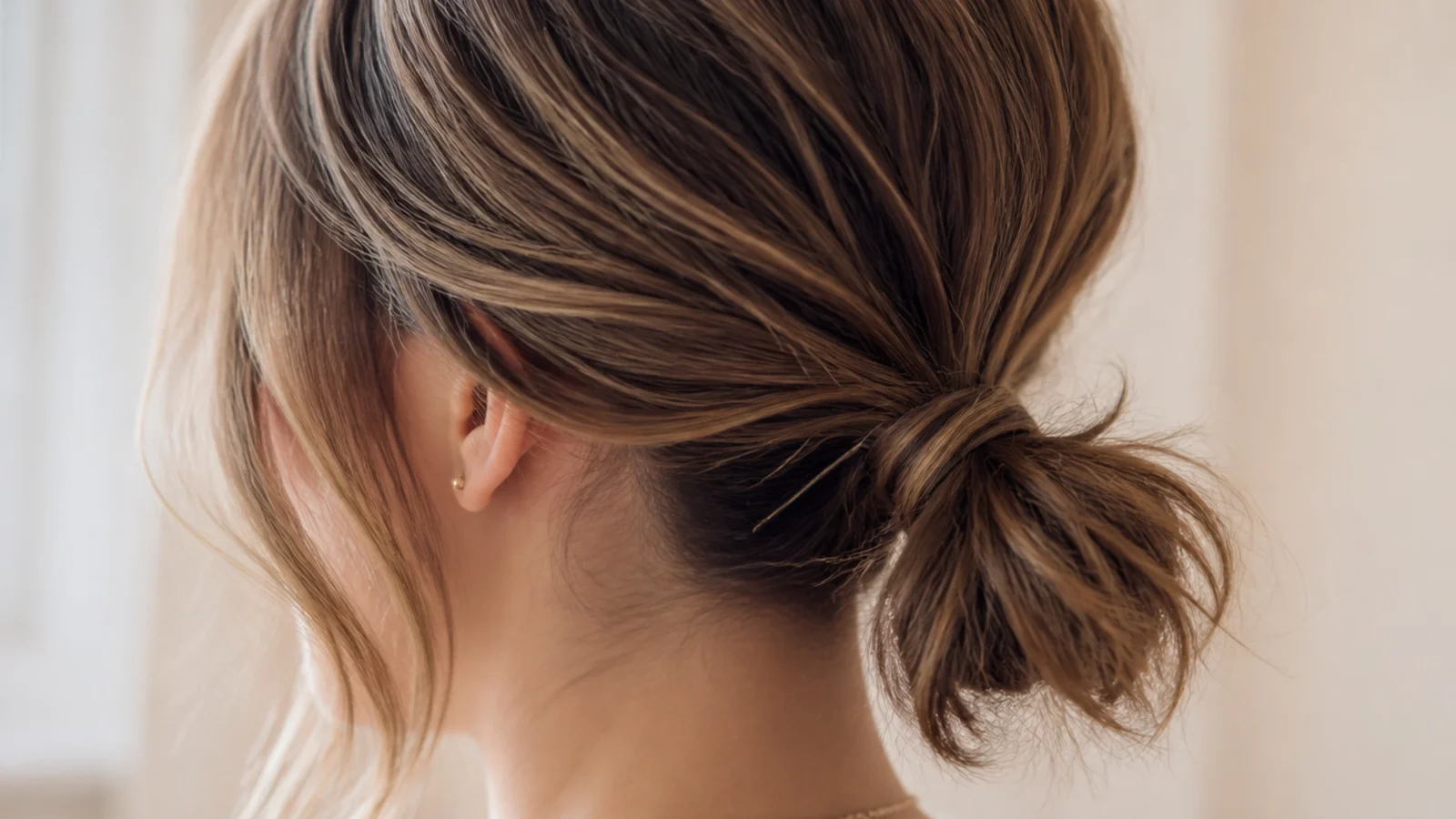 A short textured ponytail with loose pieces at the nape