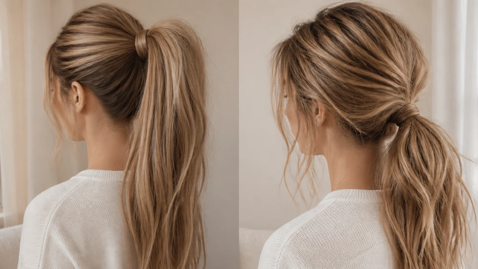 A long ponytail tied low at the nape
