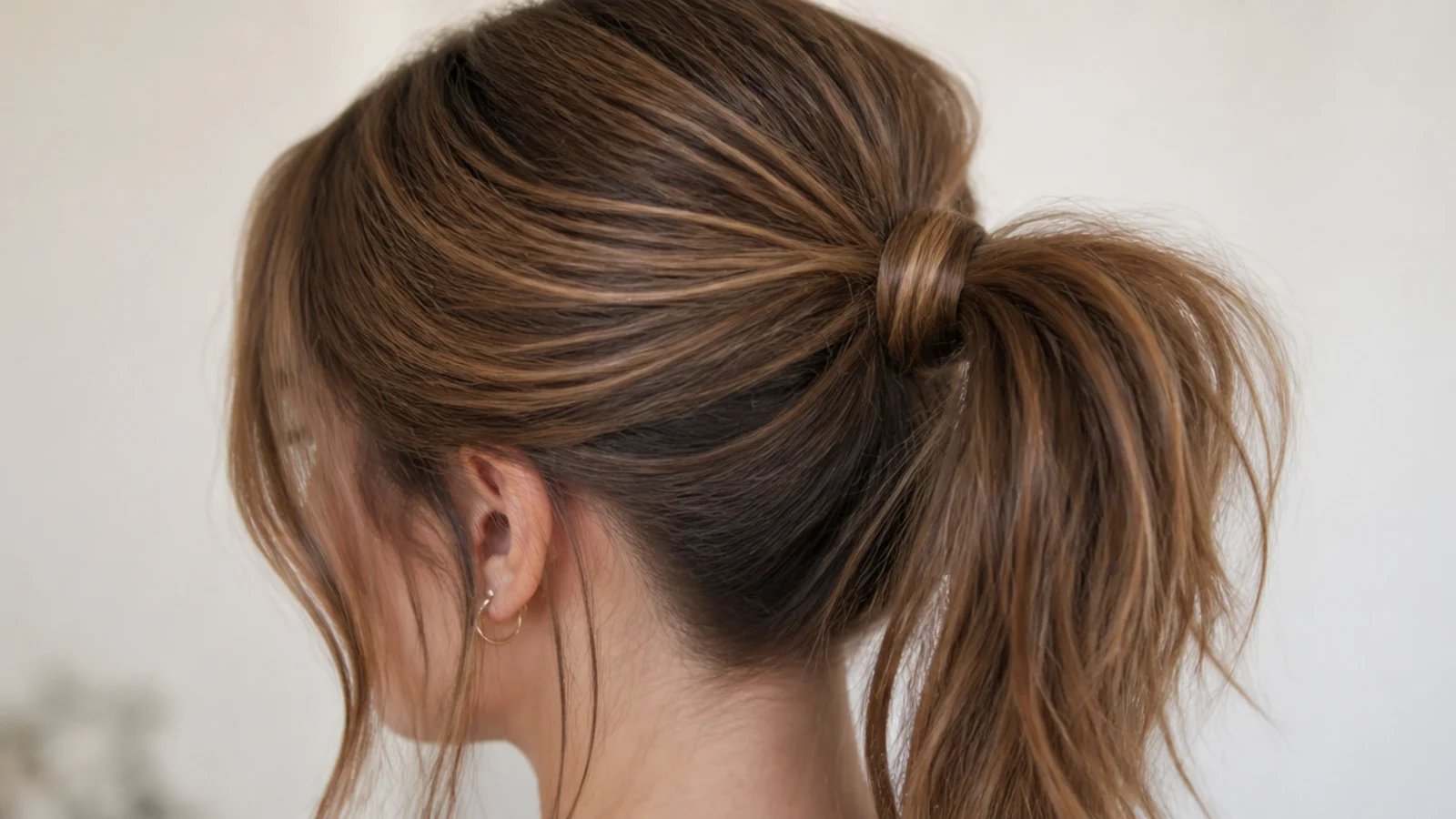 A high smooth ponytail on a round face shape
