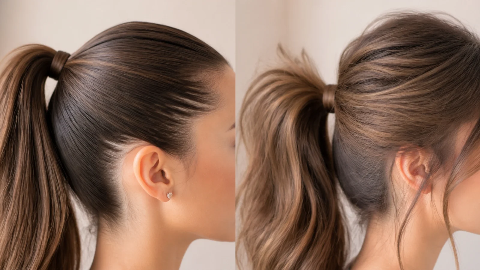 A loosely tied low ponytail with no pull at the hairline
