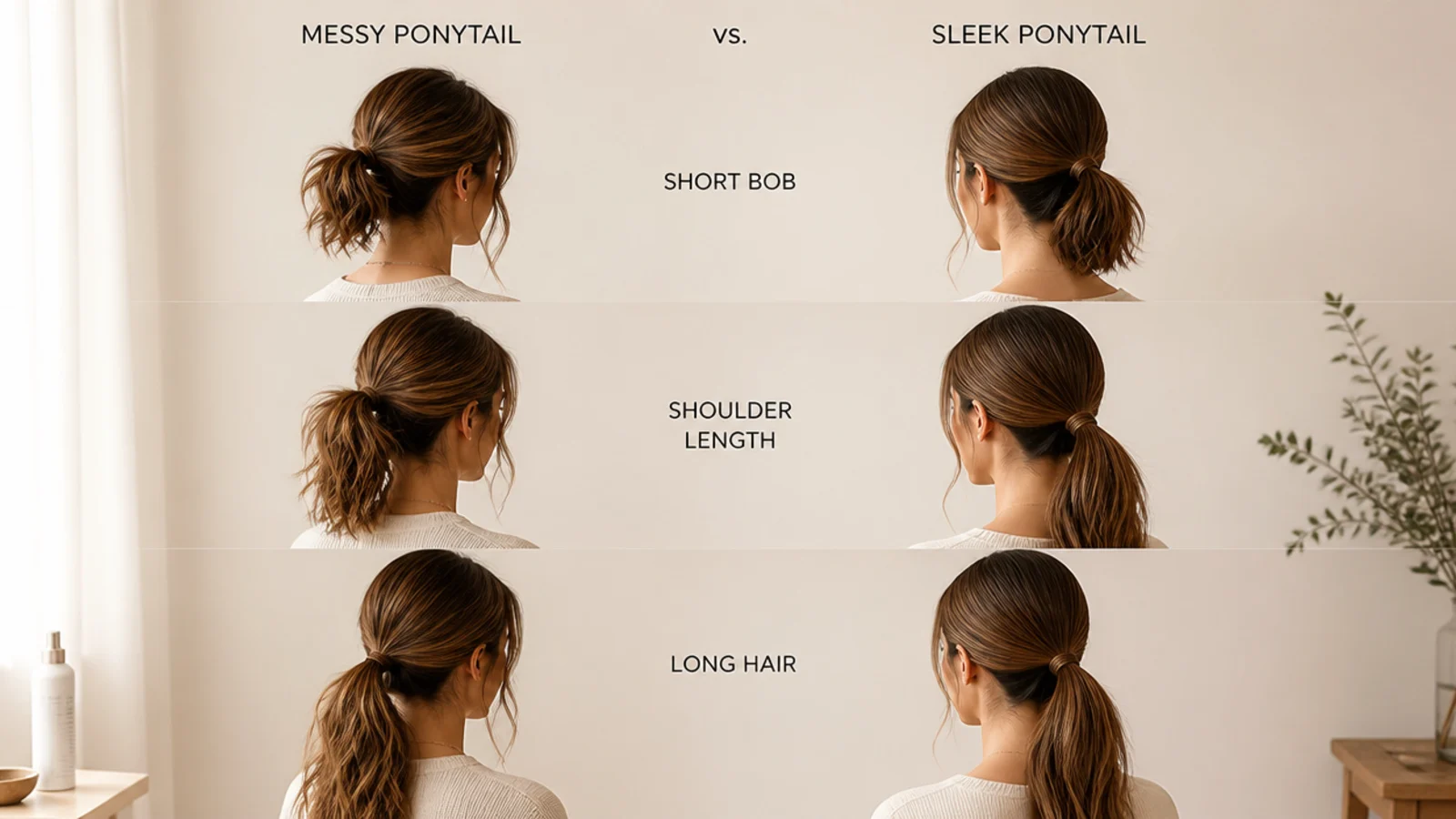 The same ponytail shown on short, mid length and long hair