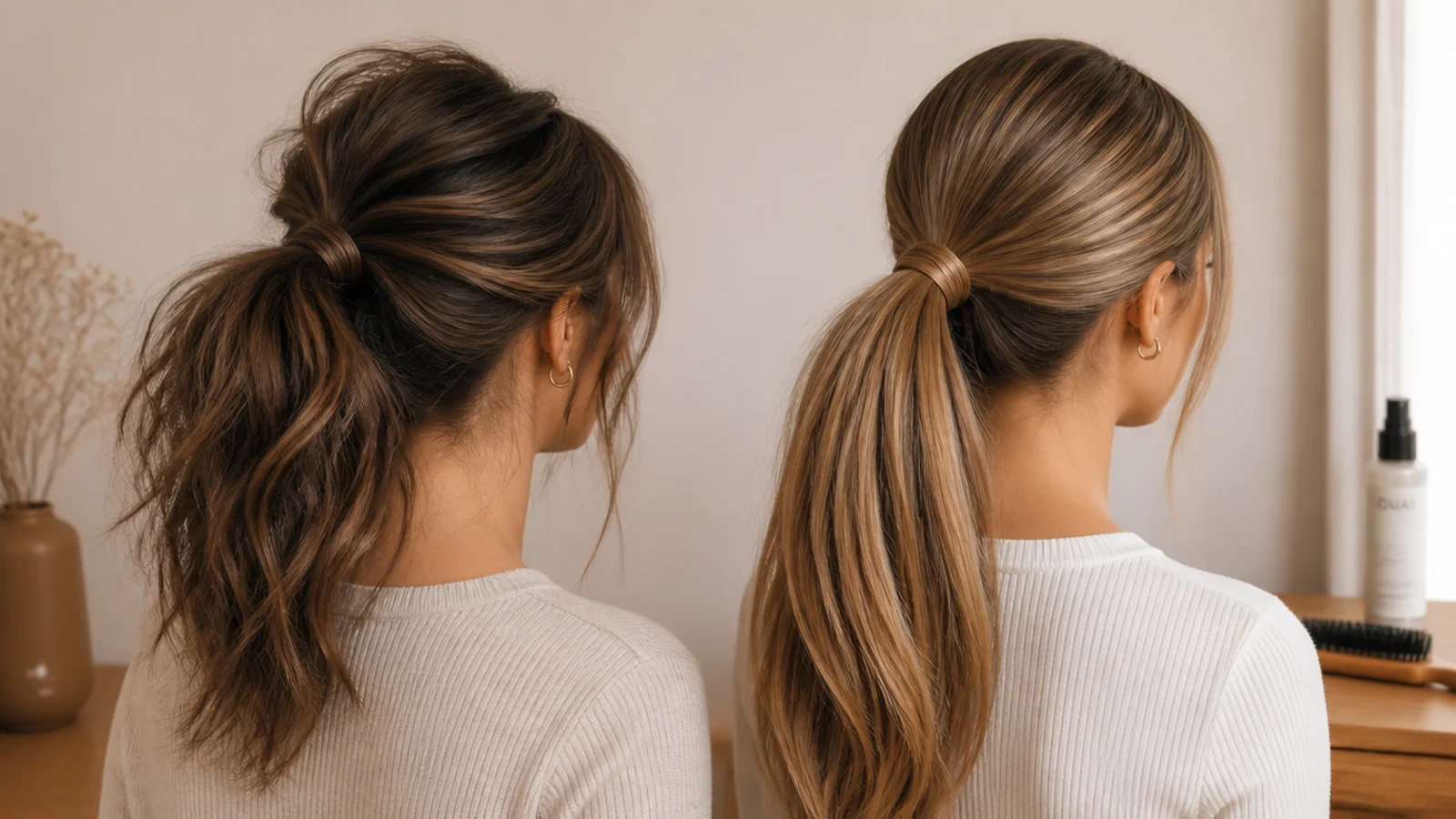 A ponytail on fine hair compared with the same style on thick hair