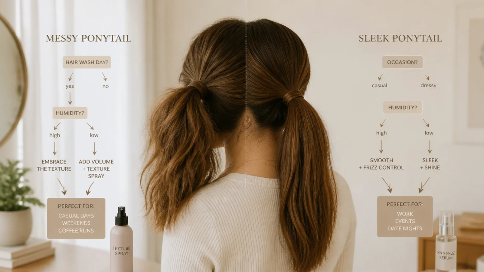 A hand checking the back of a ponytail in a hand mirror