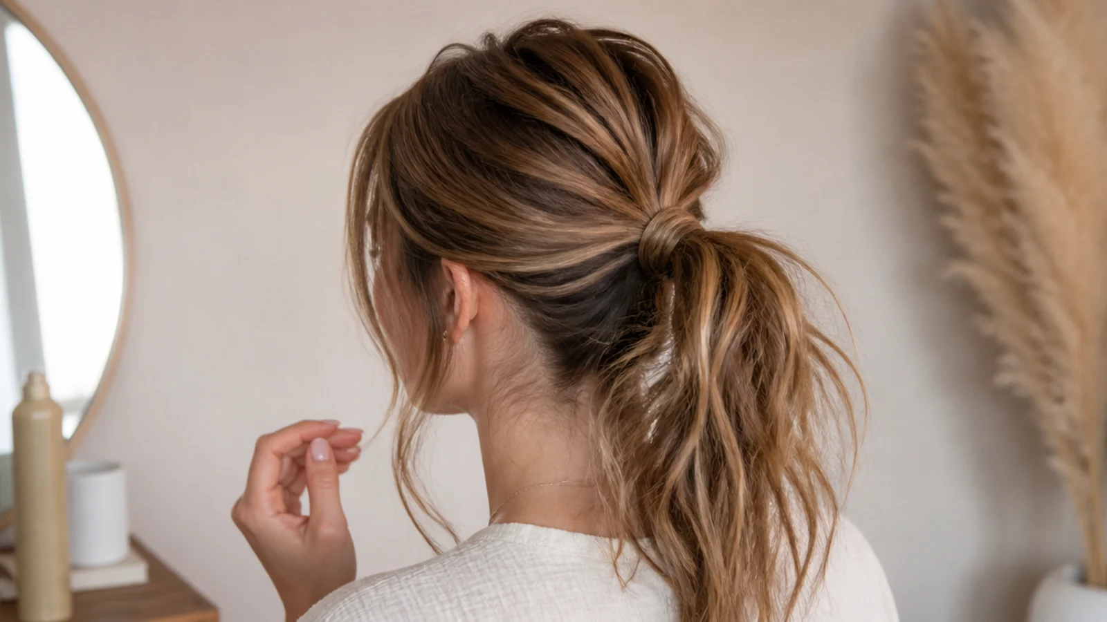 A firmly tied textured ponytail beside one that has slipped at the base