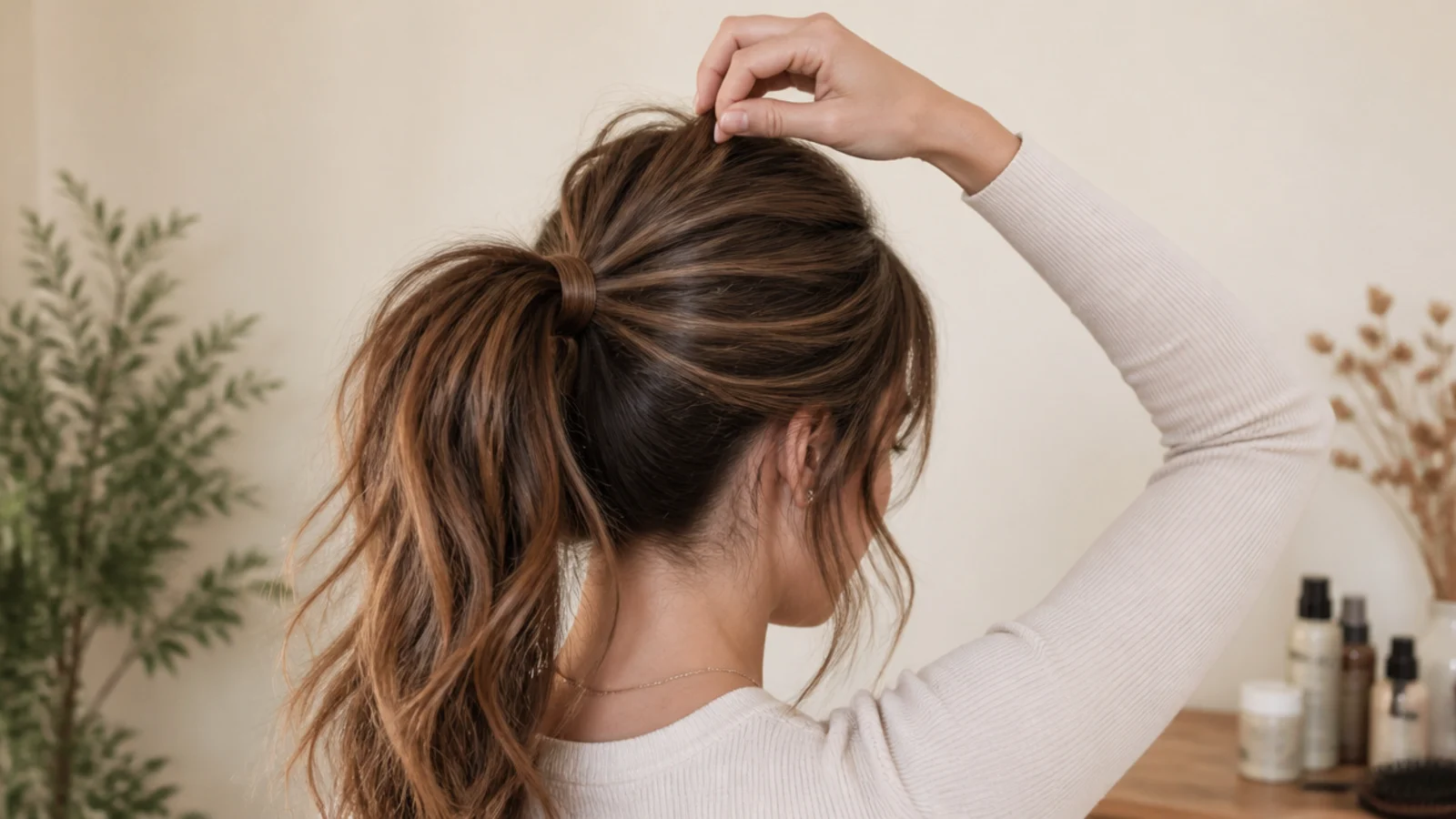A textured ponytail holding its width beside a gelled one holding its surface