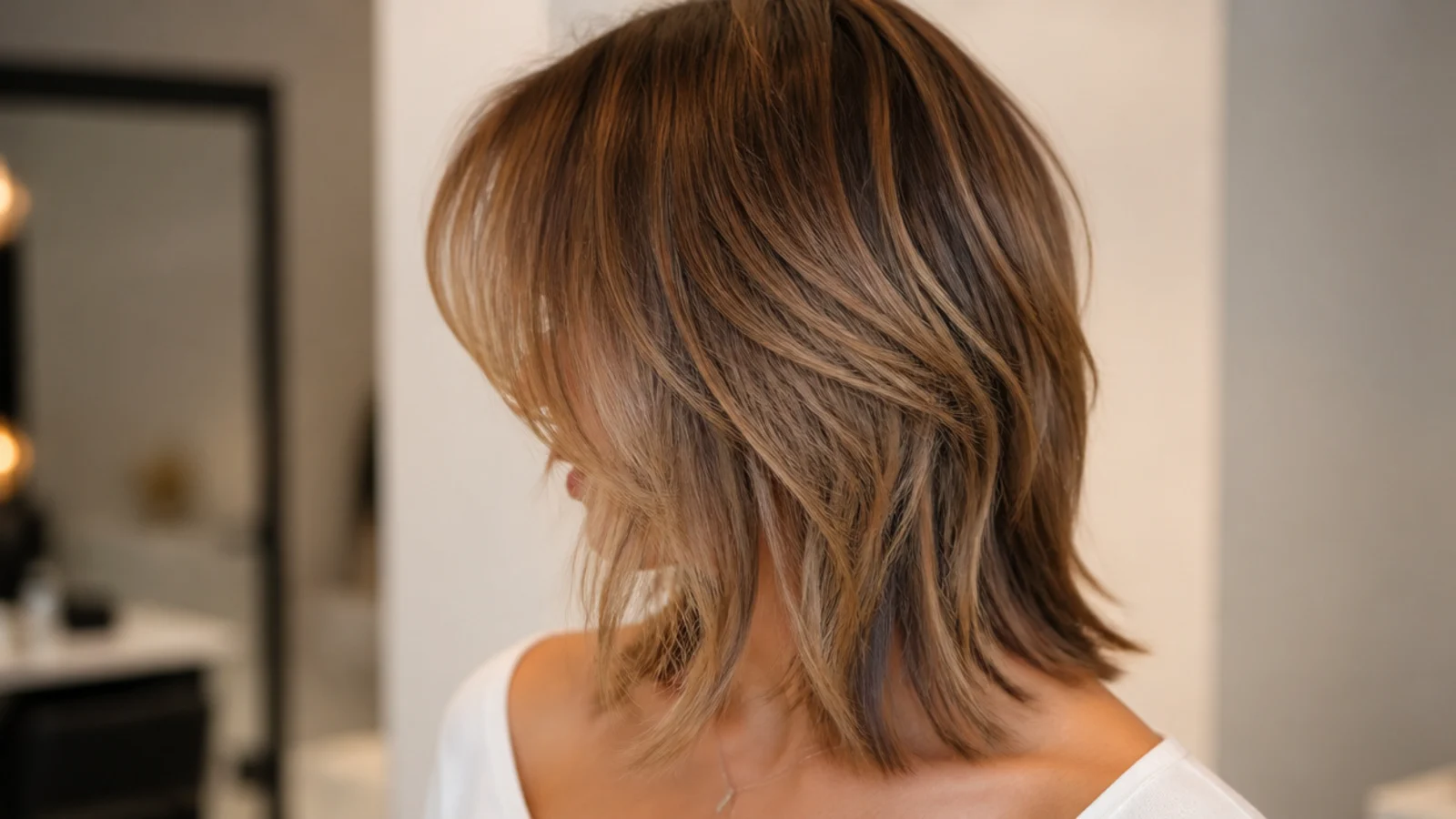 A layered shag with parted bangs falling either side of the face