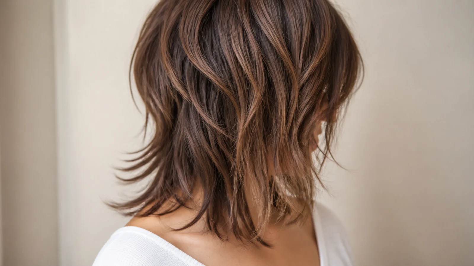 A wolf cut with a short layered crown over longer ends