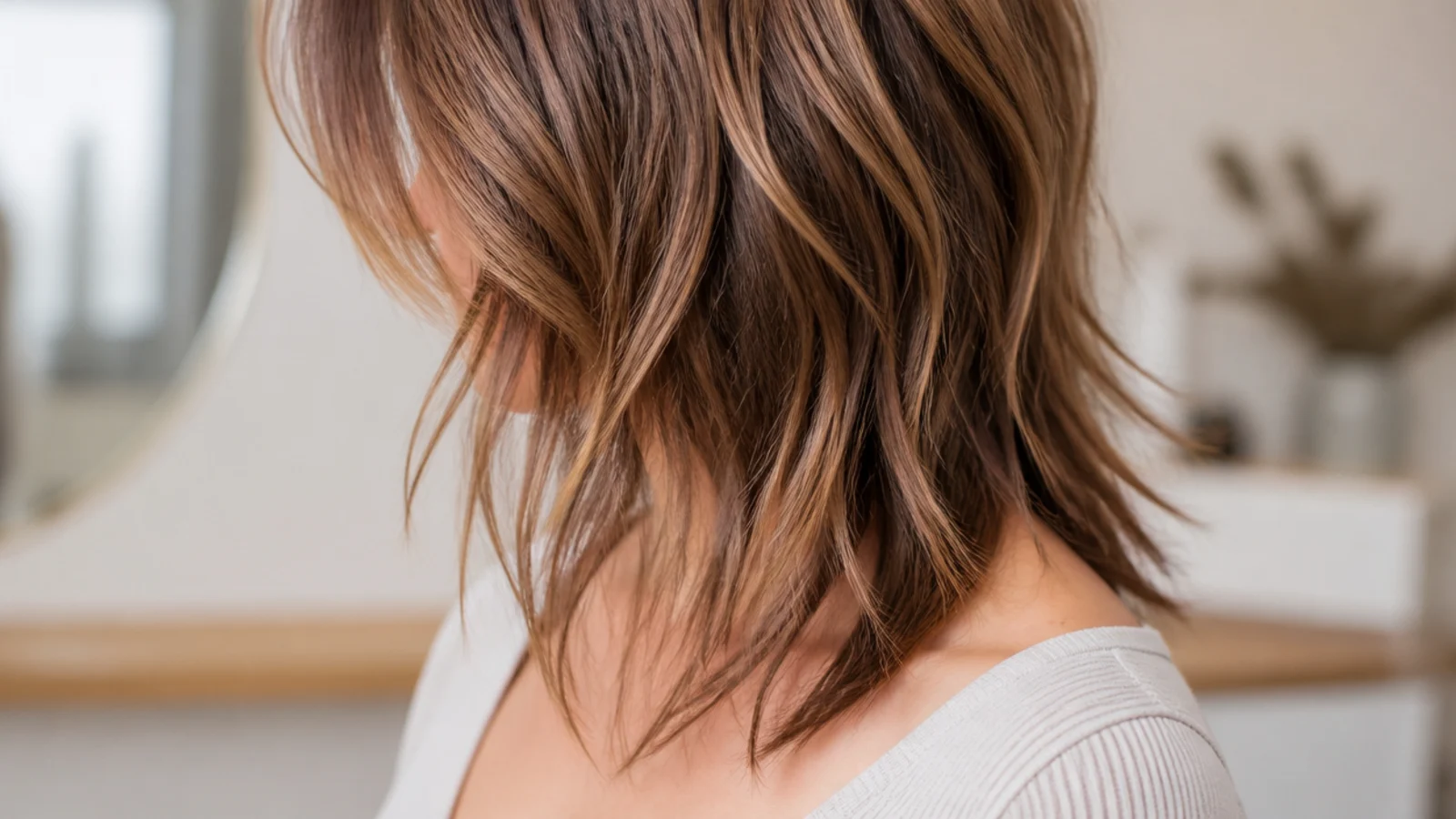 A mid length cut with framing starting below the chin