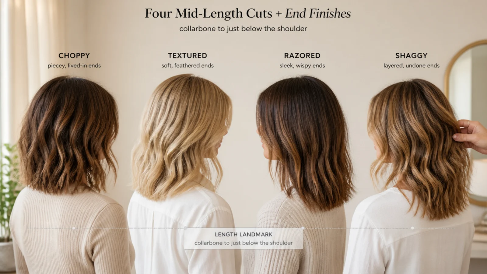 Three end finishes compared side by side on mid length hair