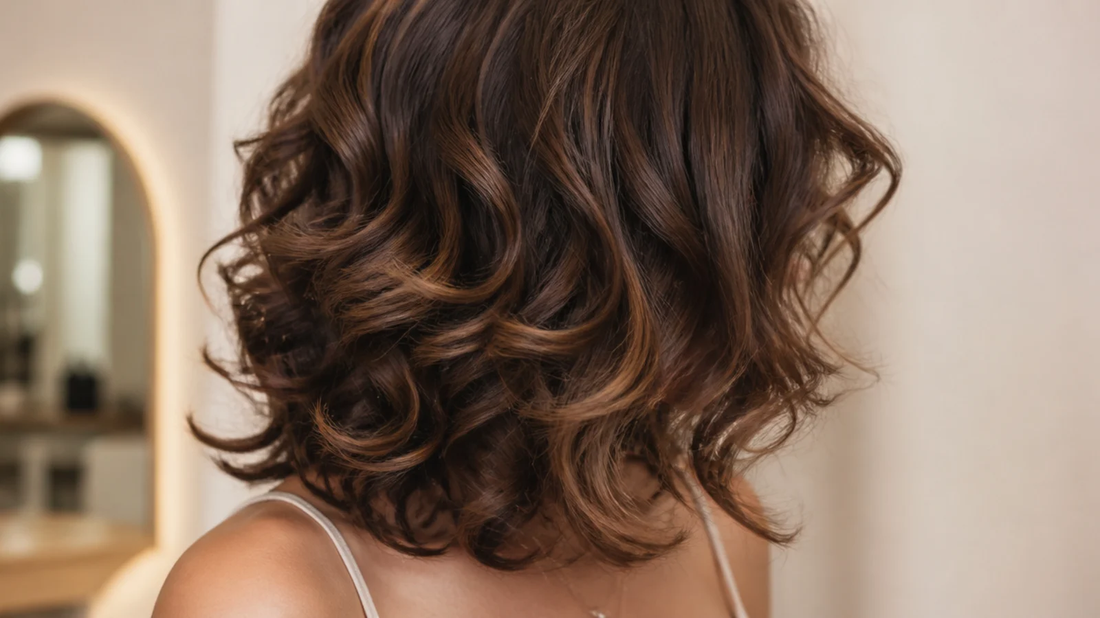 Shorter curls falling forward over longer lengths behind