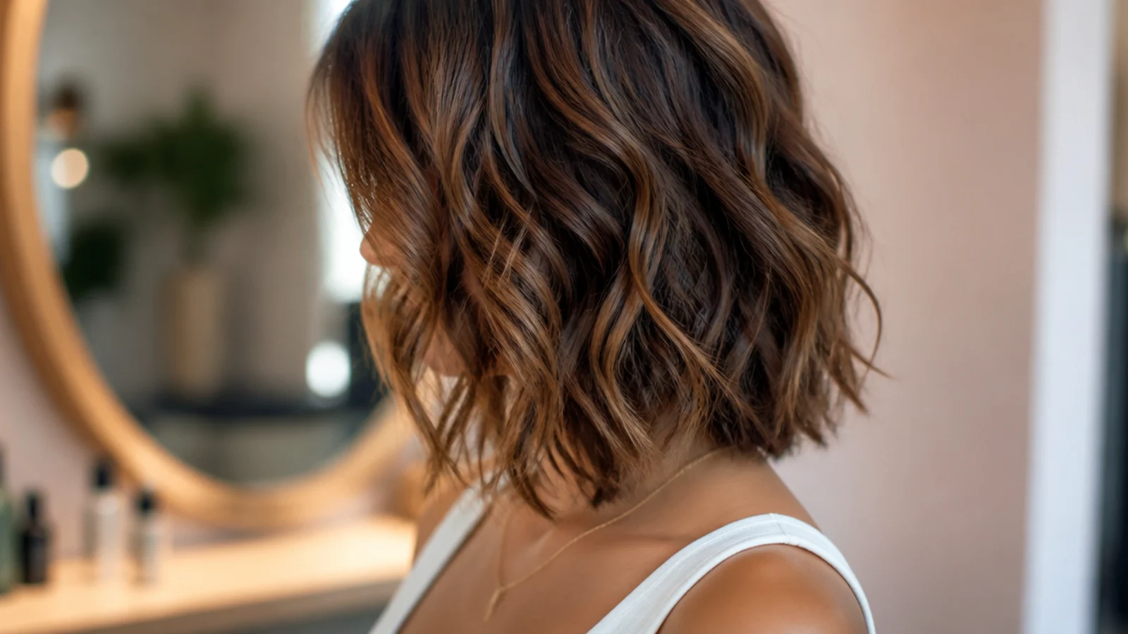 A curly lob with even width from crown to ends