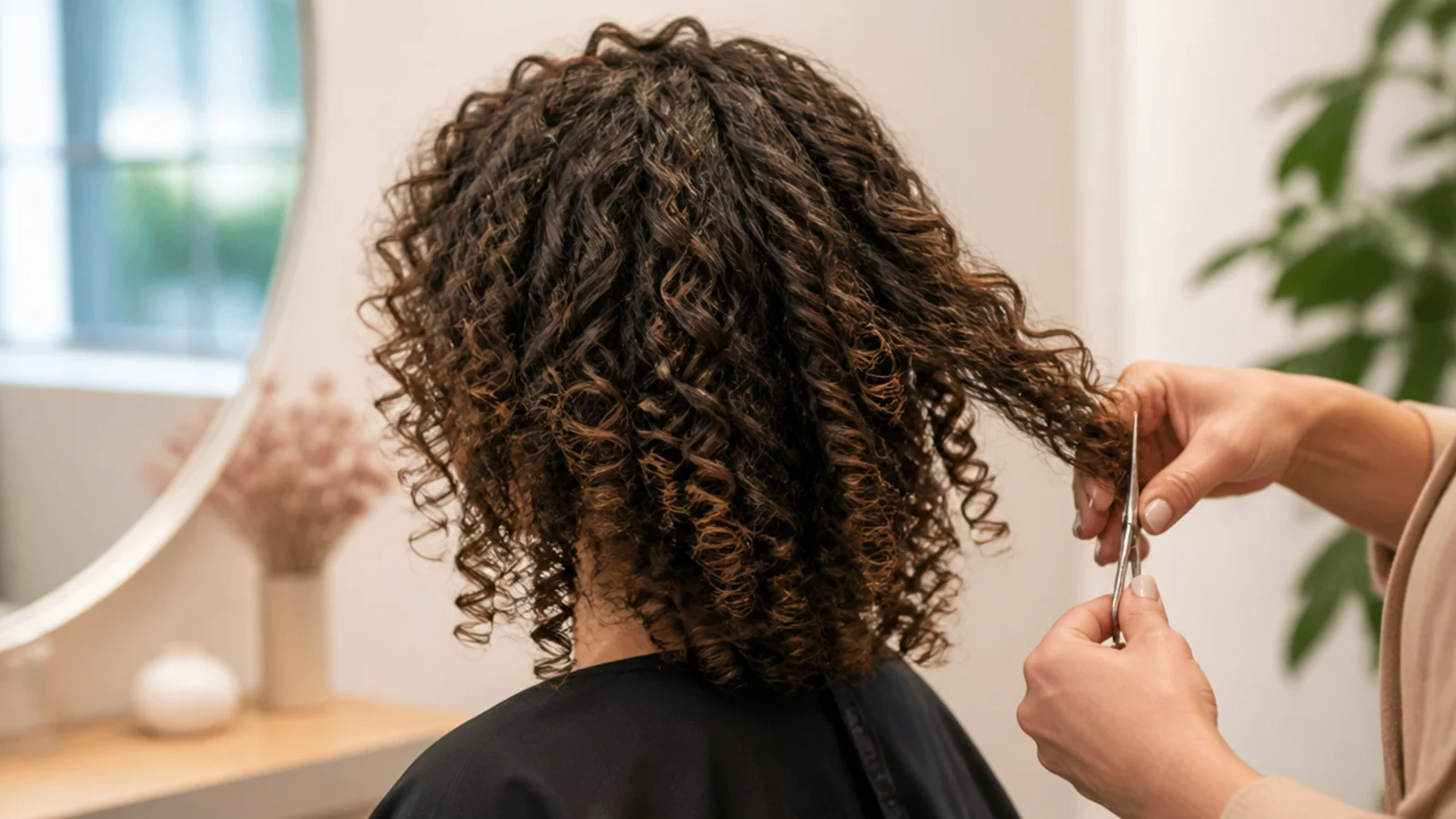 A stylist cutting an individual dry curl in its natural position