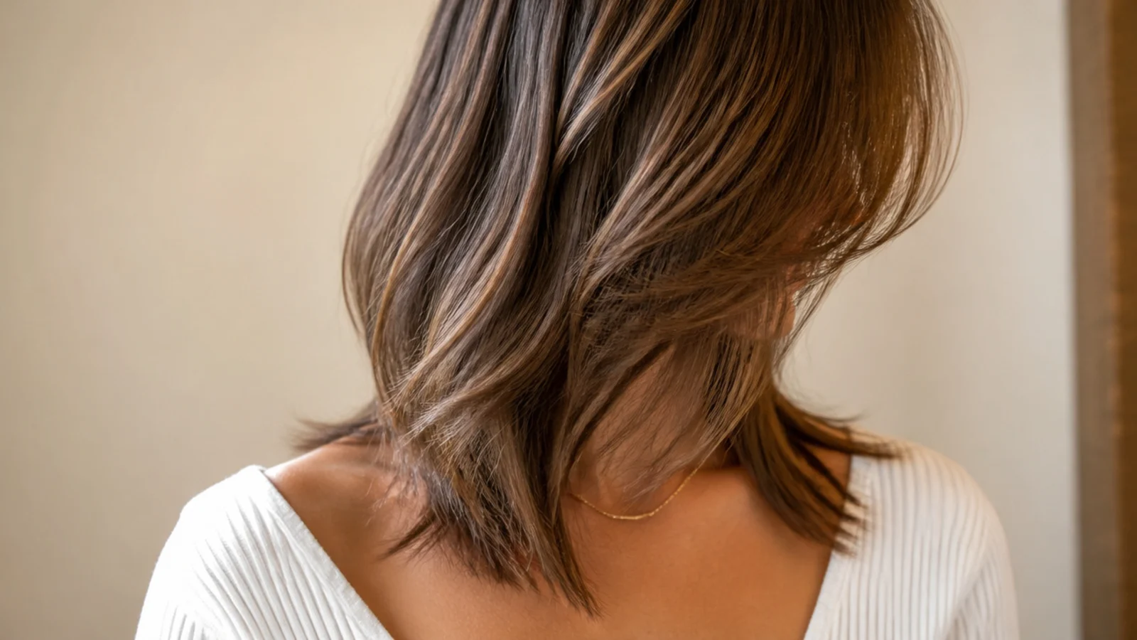 Coarse hair with finely tapered framing lying flat to the cheek
