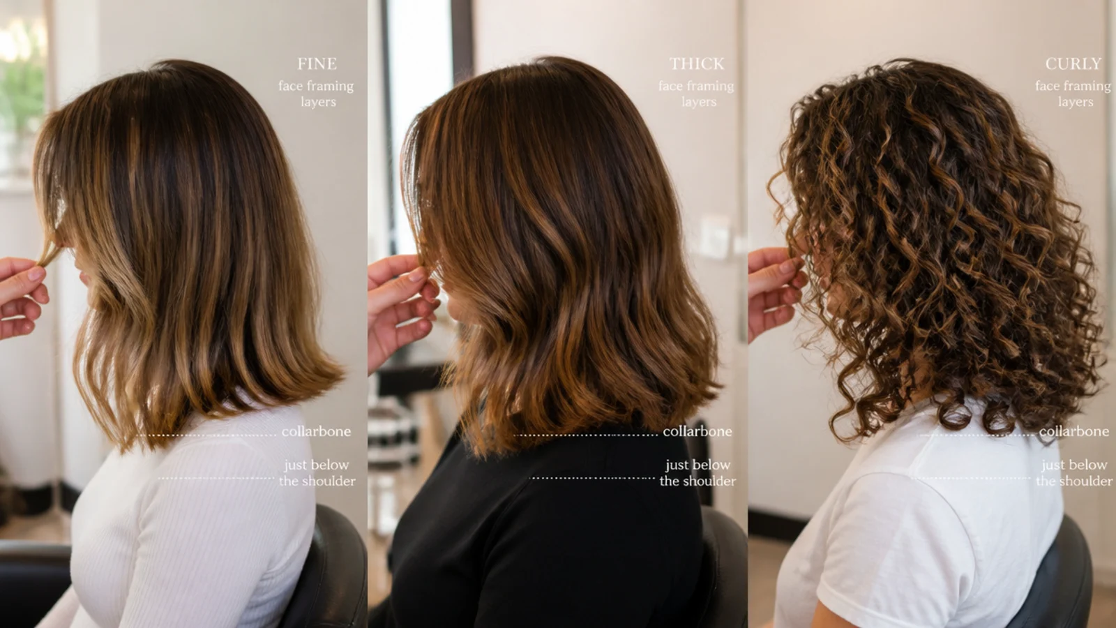 Face framing shown on fine, thick and curly hair