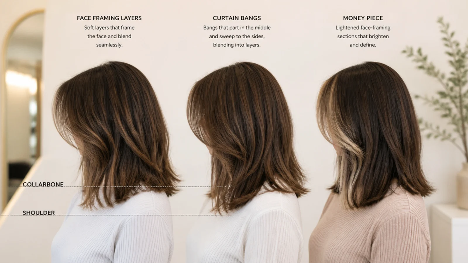 Framing, curtain bangs and a money piece compared on three heads