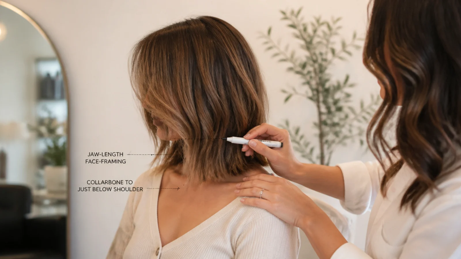A stylist holding the front section against the client's cheek