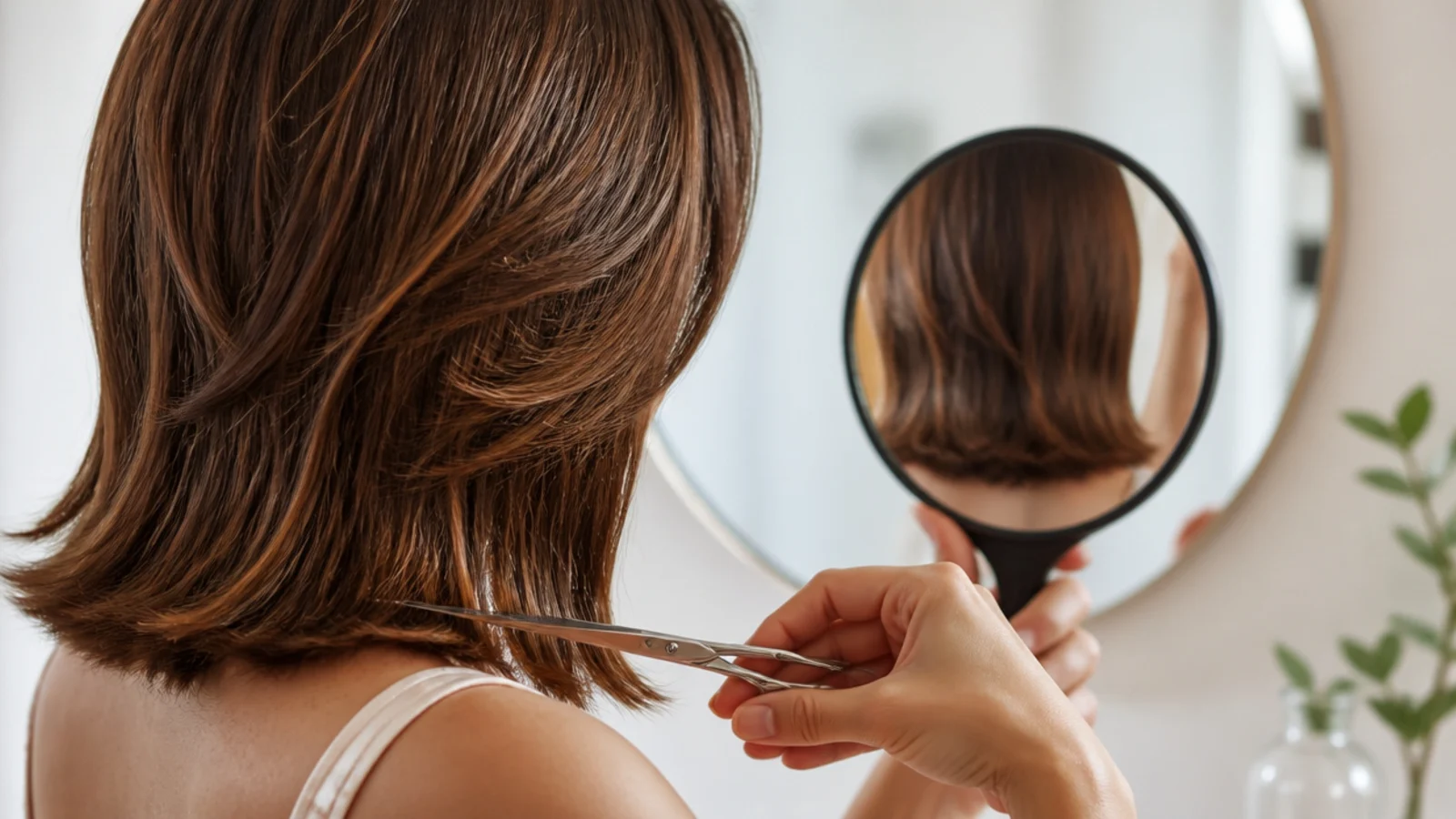 A hand mirror held up to reflect the back of the head into a wall mirror