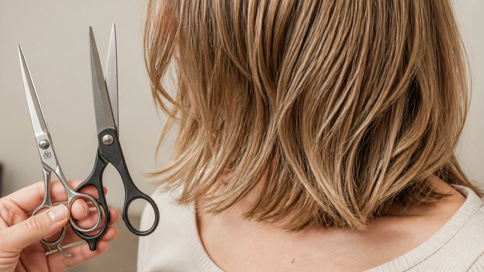 A pair of hairdressing shears beside a sectioning comb and clips