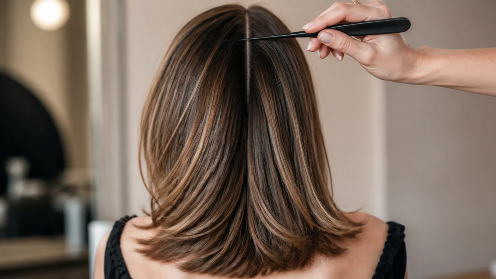 A centre part combed cleanly from the forehead down to the nape