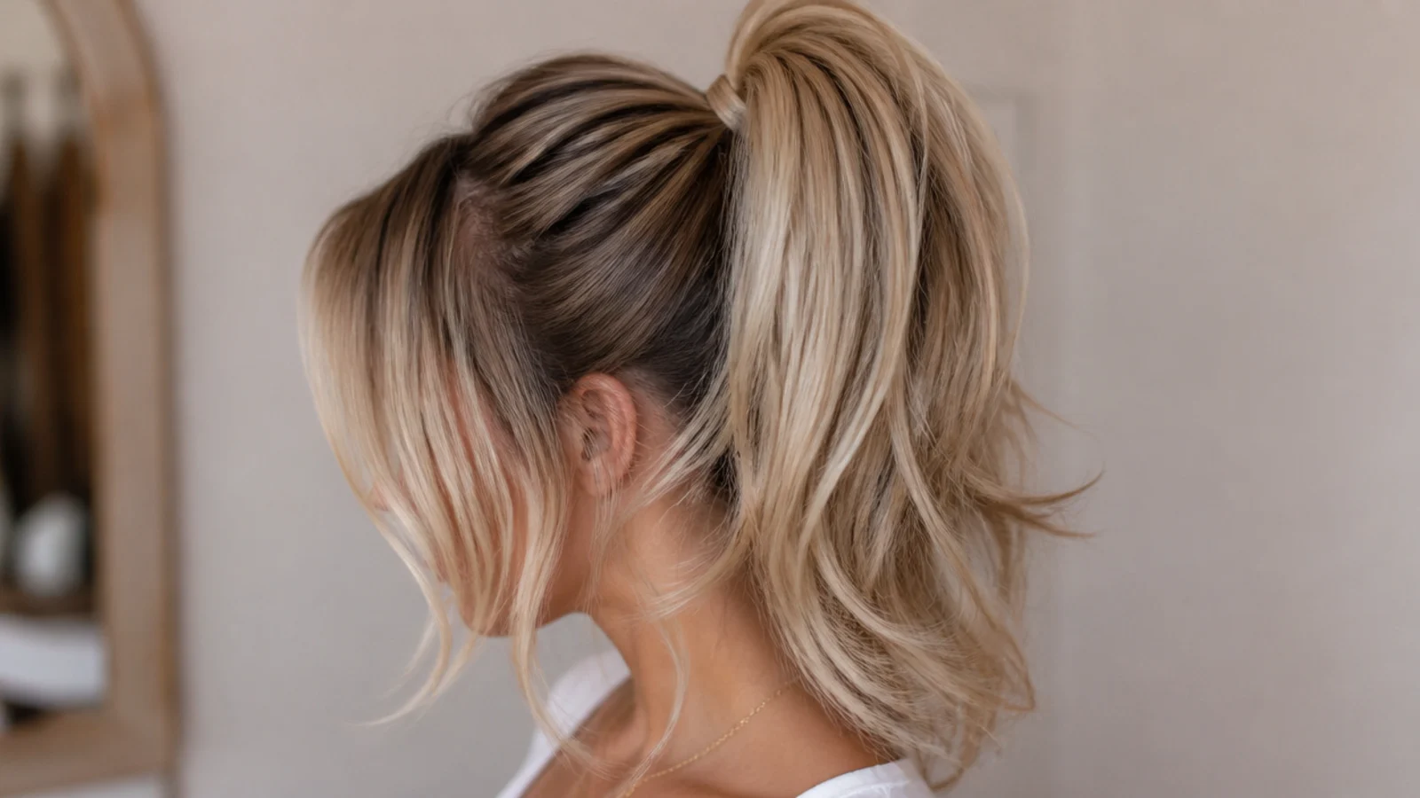 All the hair gathered forward into a high ponytail at the front hairline