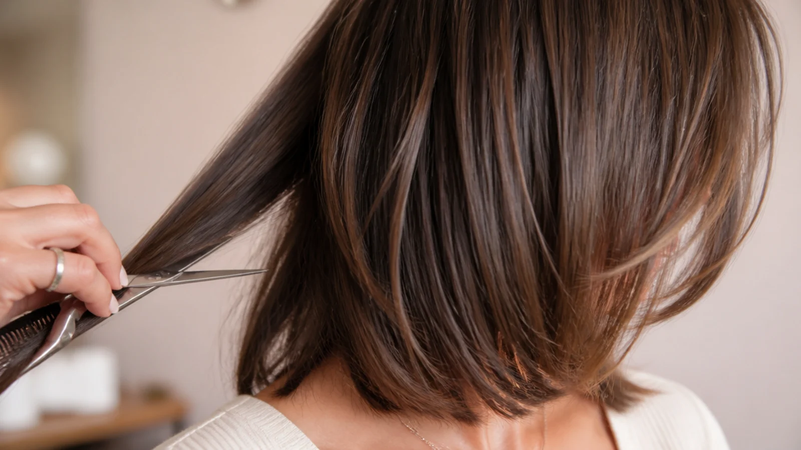 Weight being taken from beneath the top layer of thick hair
