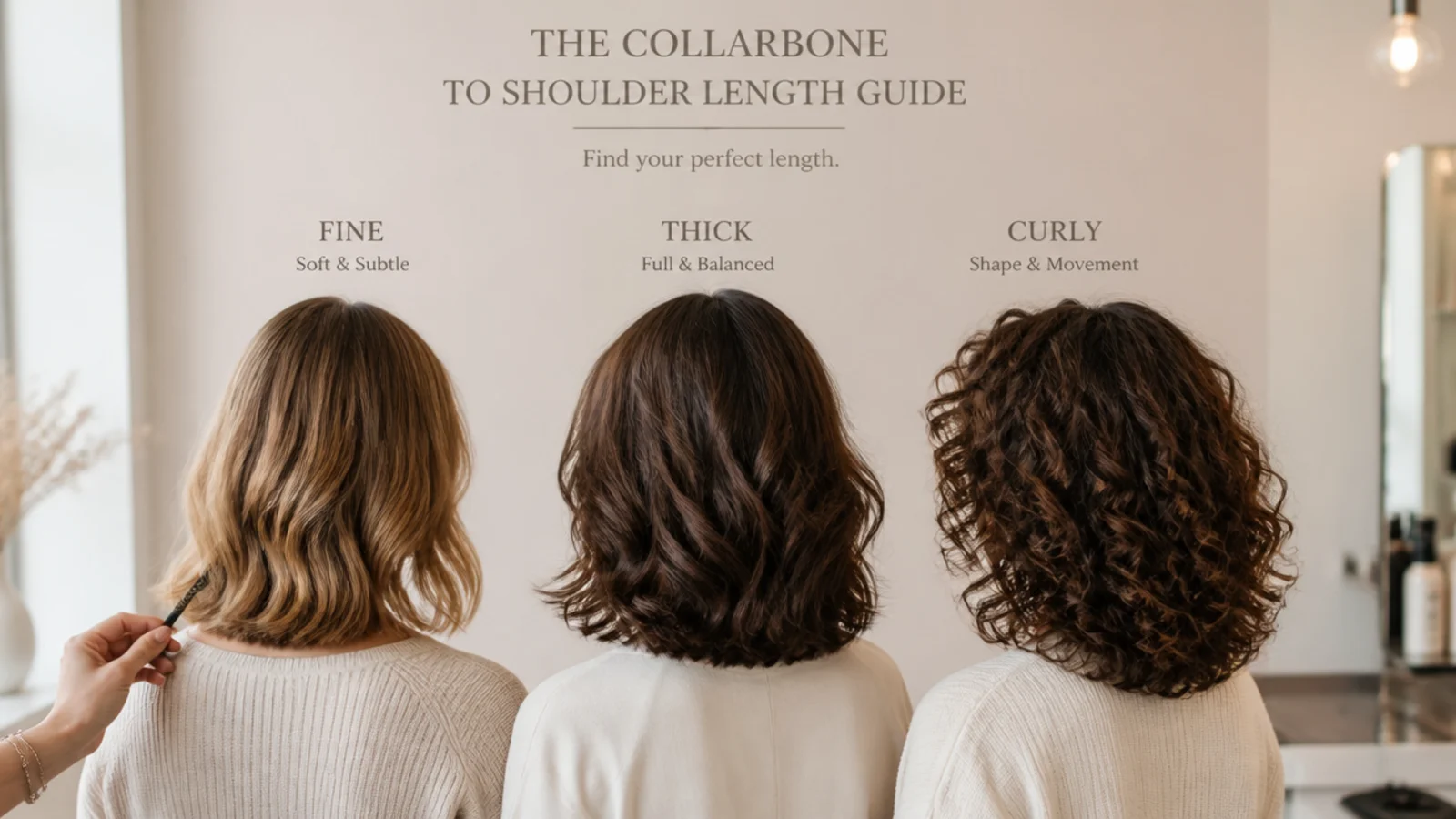Fine, thick and curly hair shown side by side at the same length