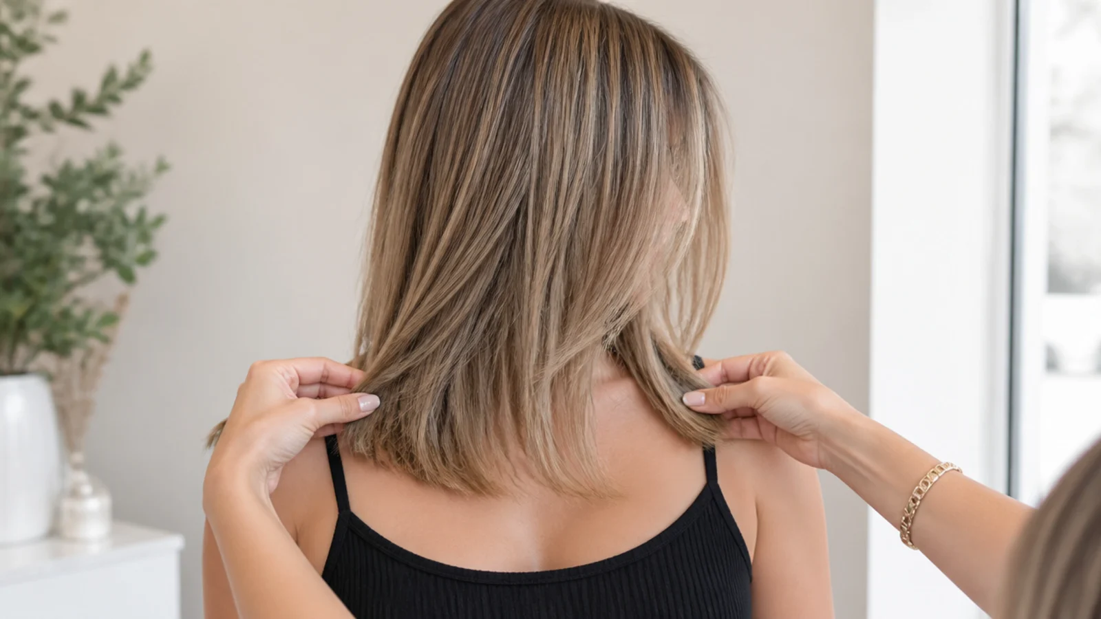 Sections from both sides held together under the chin as a final check
