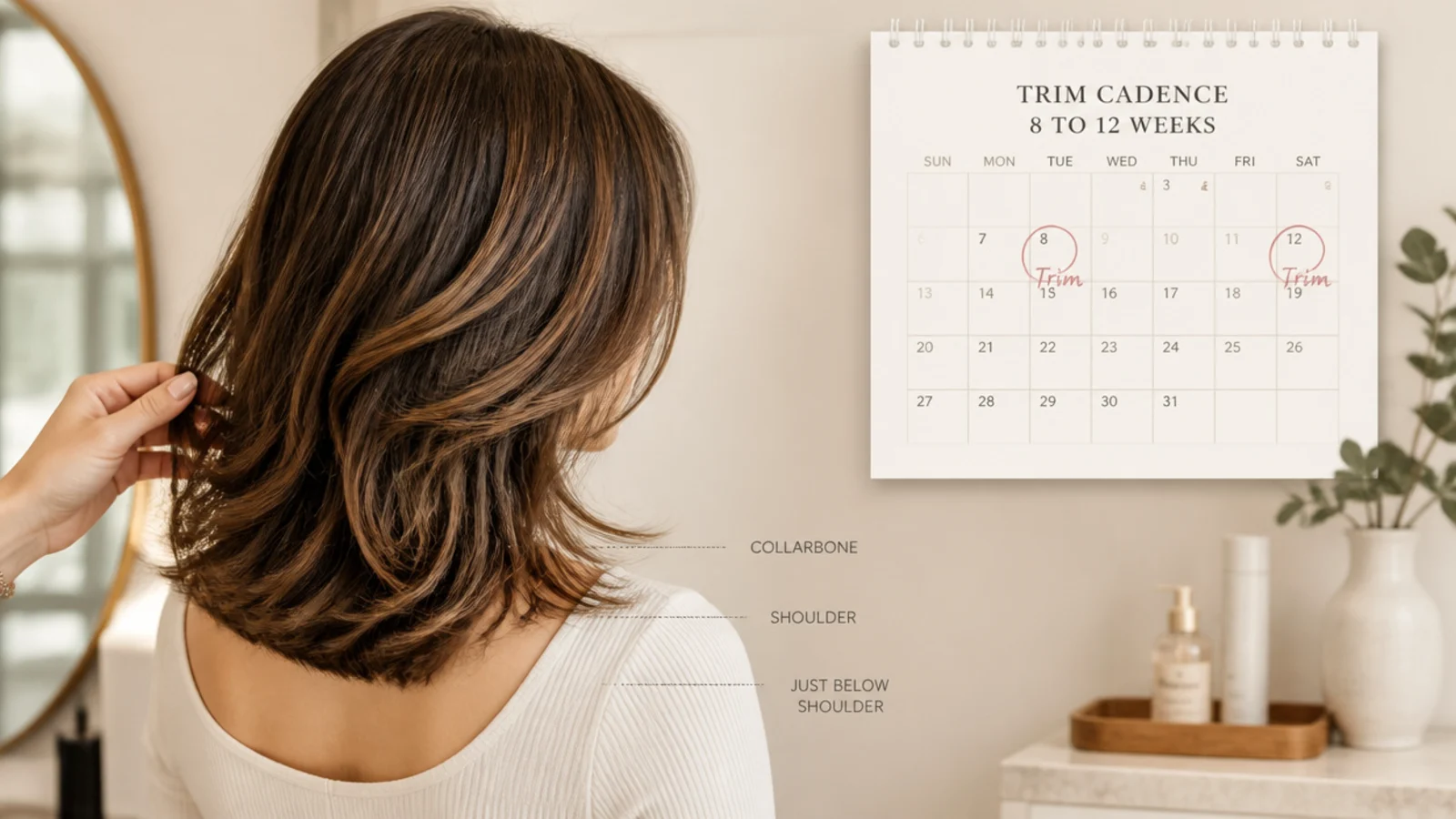 A calendar and a pair of shears laid out on a bathroom counter