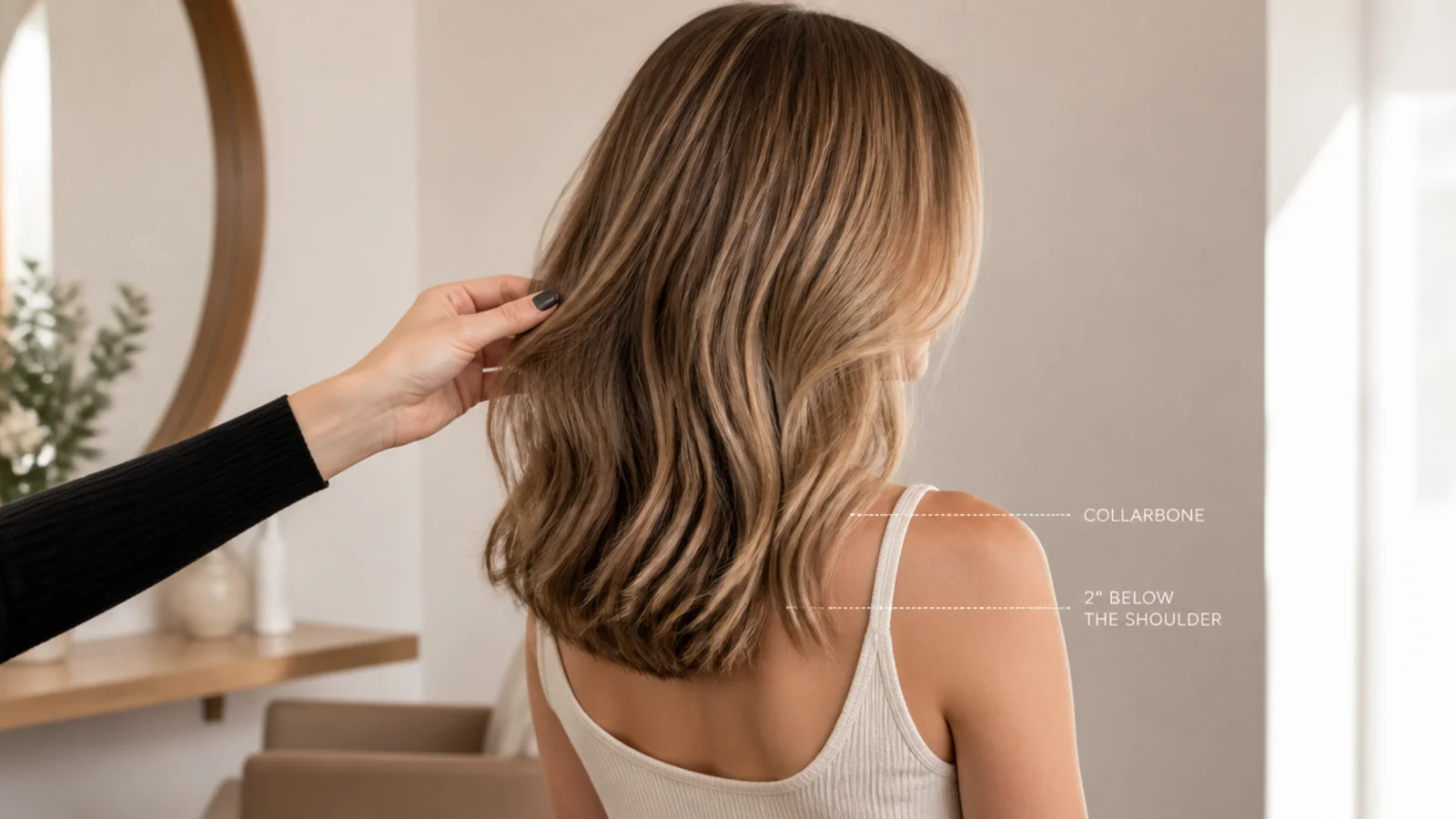 Hair measured against the collarbone with the chin held level