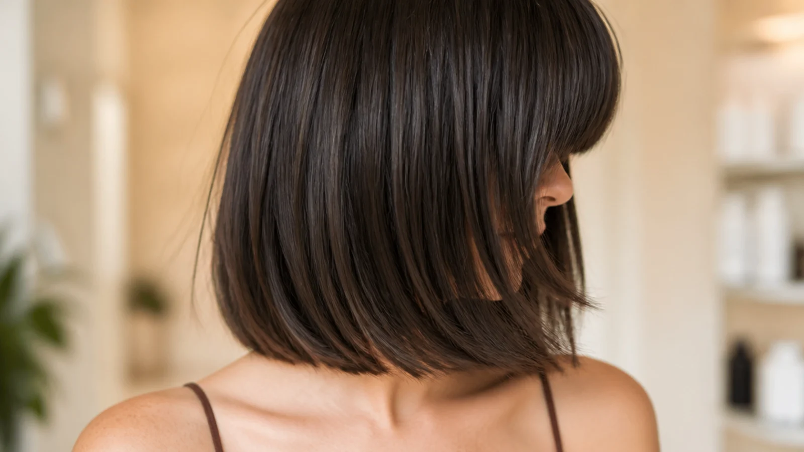 A straight across fringe worn with a blunt collarbone perimeter