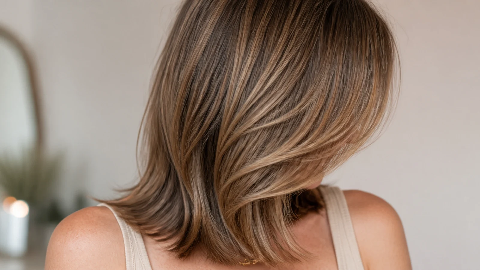 A fringe swept across the forehead from a deep side part into layered length