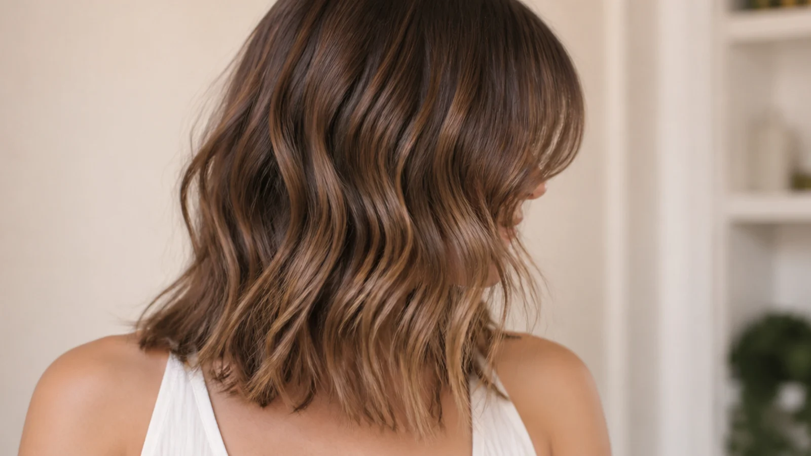 A long soft fringe brushing the lashes above loosely waved hair