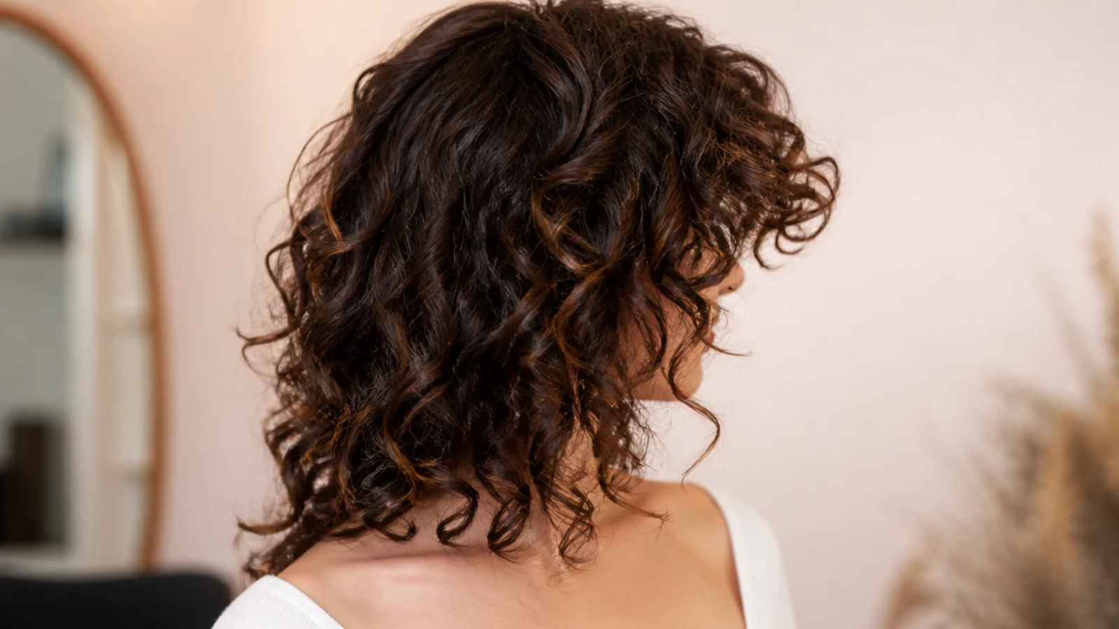Defined curls cut into a soft fringe across the forehead