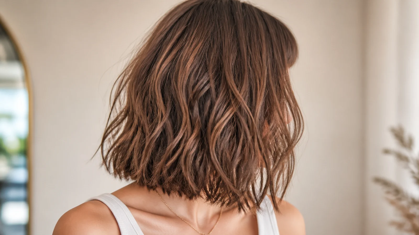 A very short fringe sitting high above the eyebrows over a blunt lob