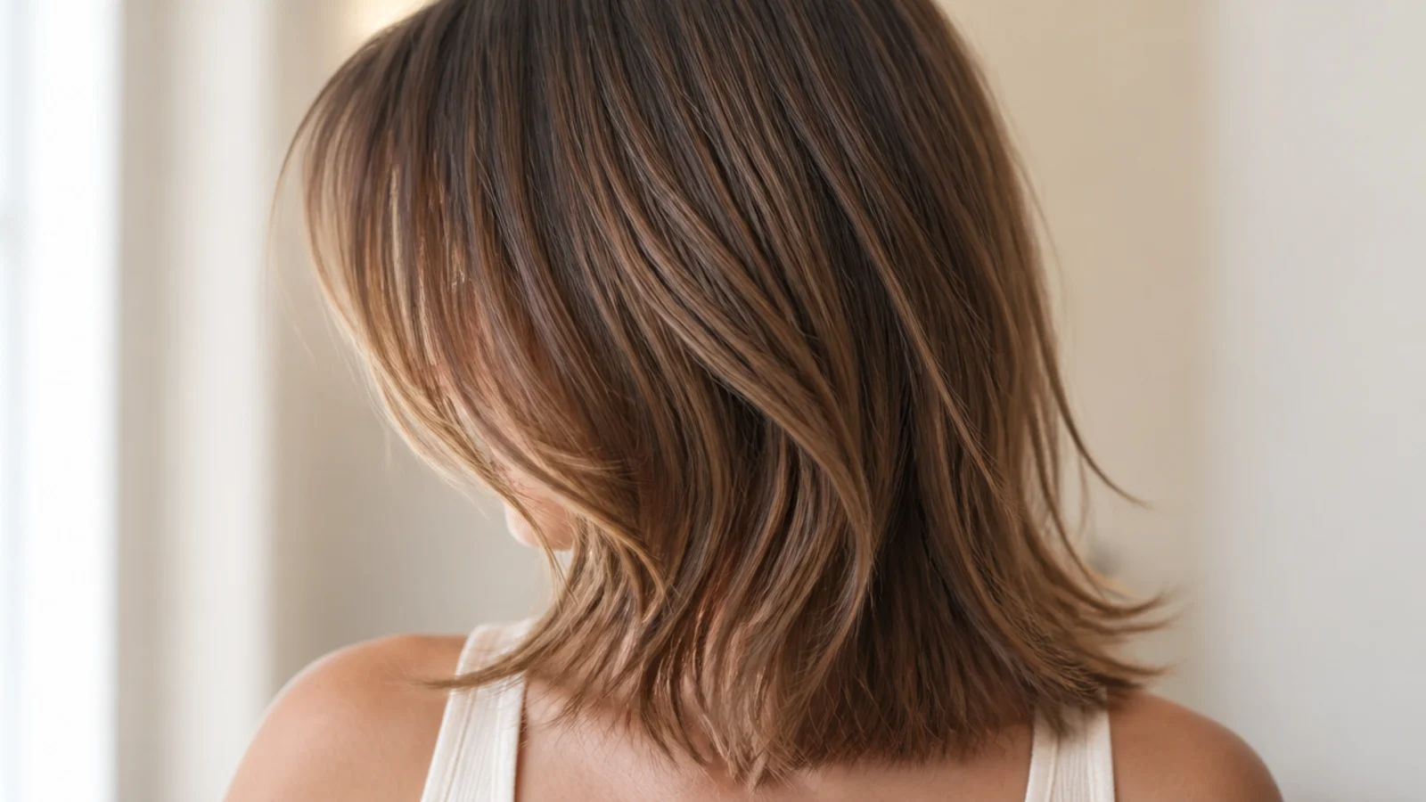 A soft wispy fringe worn over a cowlick at the front hairline