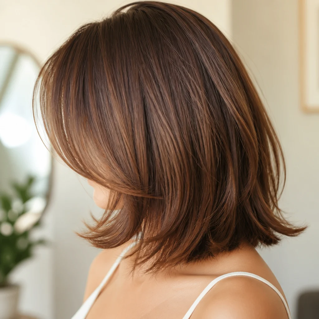 A feathered fringe softening the sides of a square jawline