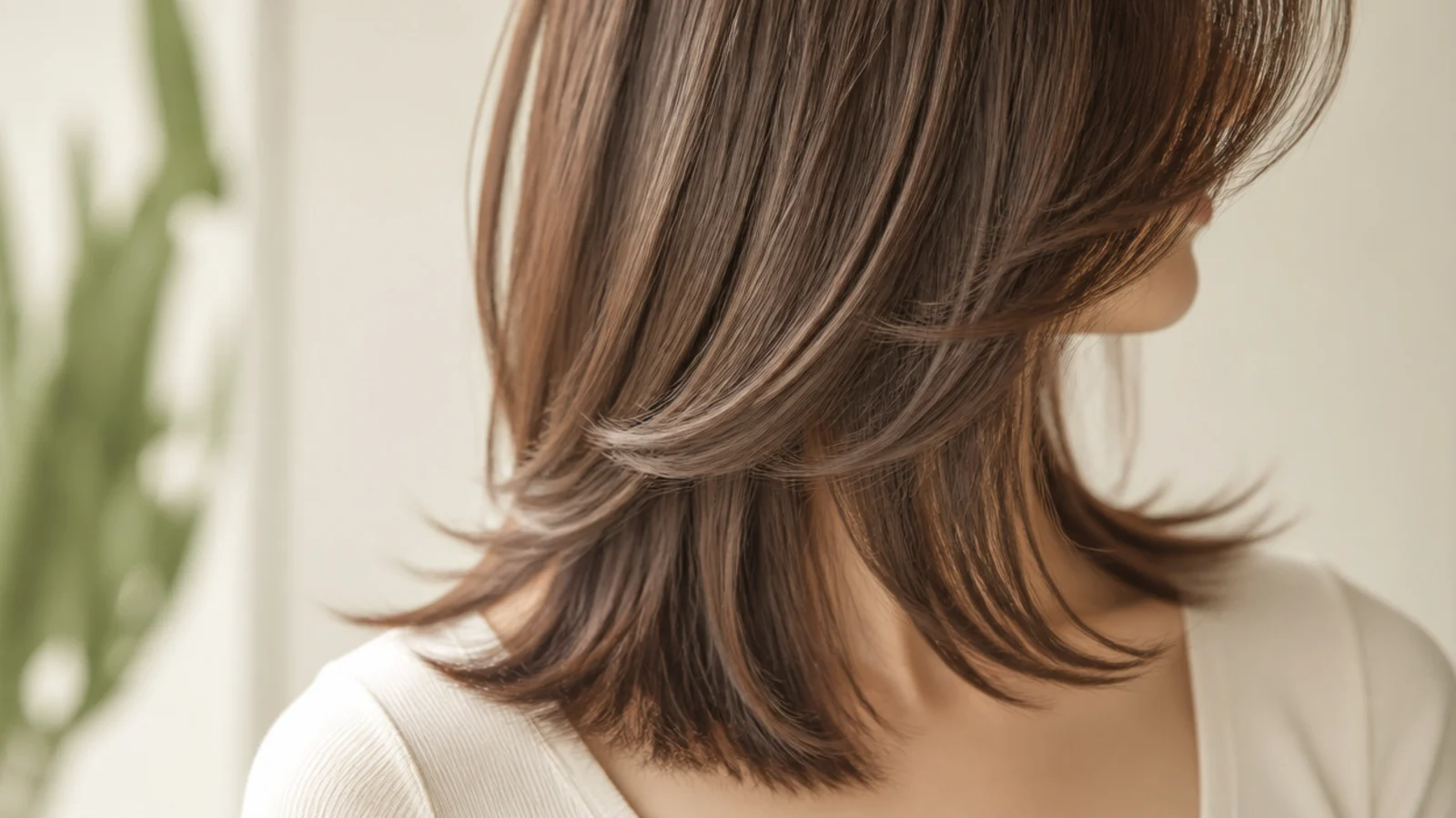Curtain bangs blending into the short front layers of a butterfly cut