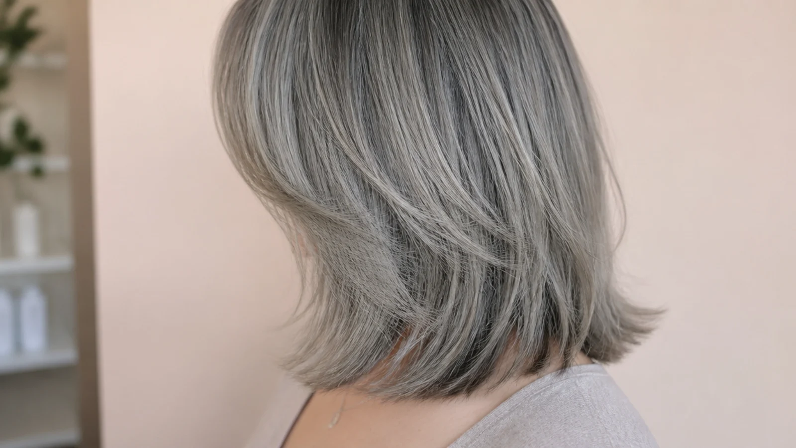 Soft curtain bangs on silver grey mid length hair