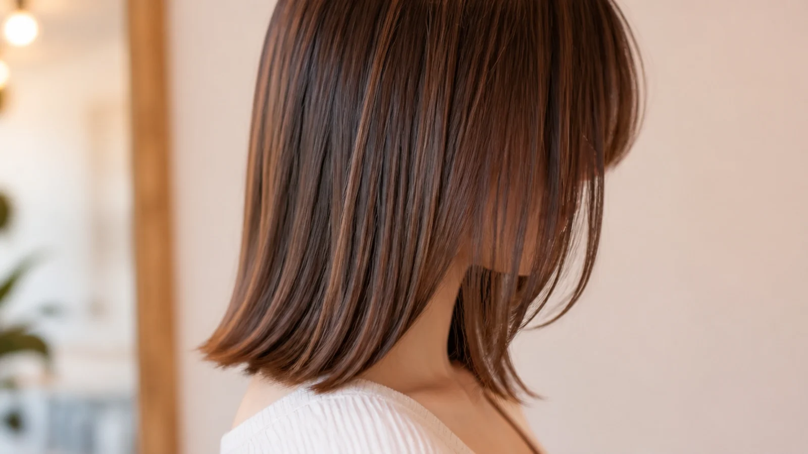 A full straight fringe cut level above the eyes on smooth hair