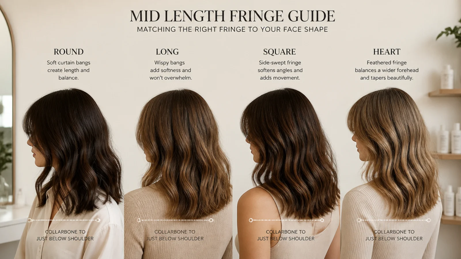 The same fringe adapted across round, long, square and heart shaped faces